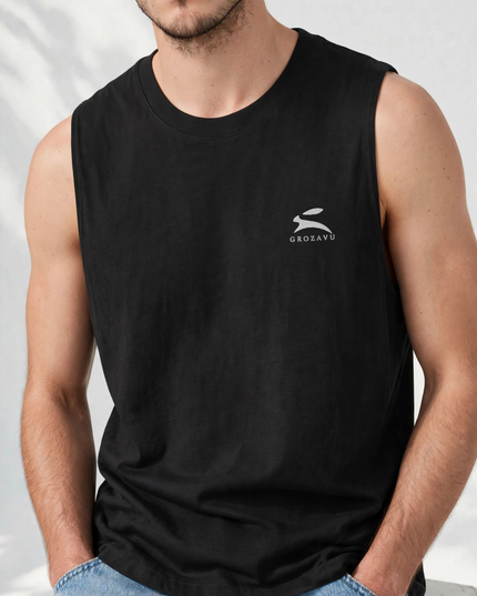 Close-up of the 142 g/m² Airlume cotton on the black sleeveless tee