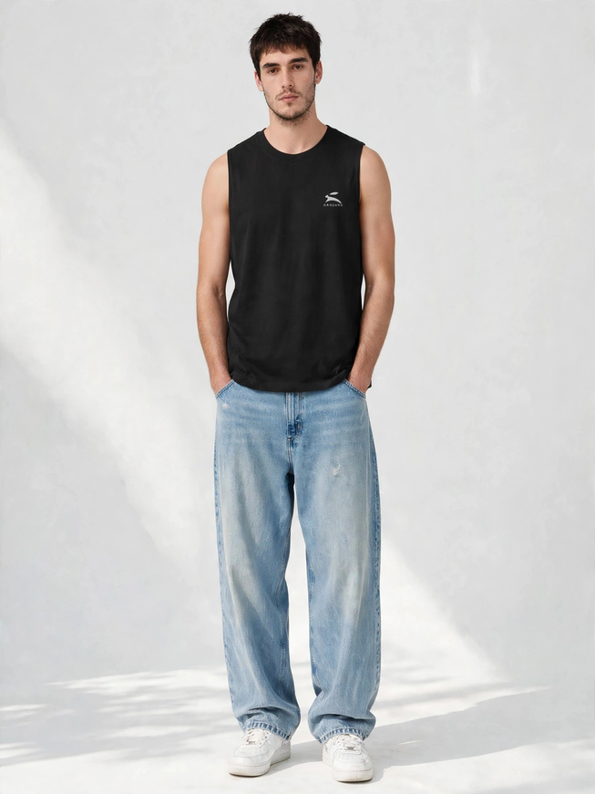 Black sleeveless tee in 142 g/m² Airlume cotton, fashion shot