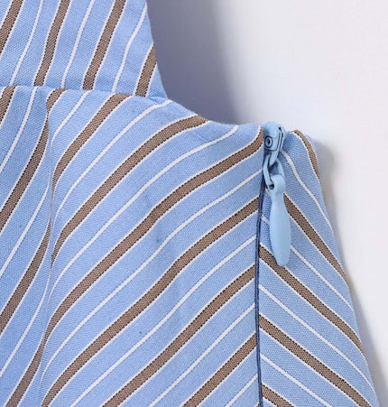 Backless Bow Tie Hanging Neck Tank Top side zipper detail in blue striped fabric with brown stripes.