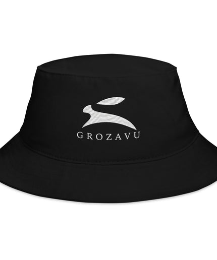 Grozavu Bucket Hat in black cotton twill with the embroidered hare, front view