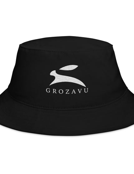 Grozavu Bucket Hat in black cotton twill with the embroidered hare, front view