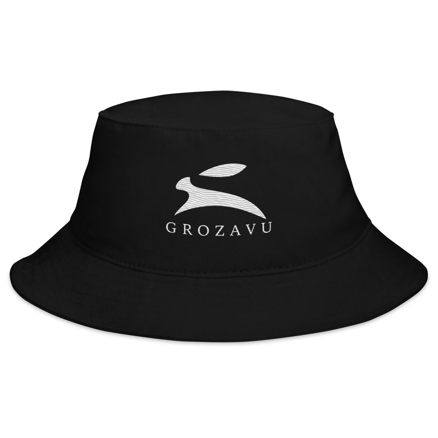 Grozavu Bucket Hat in black cotton twill with the embroidered hare, front view