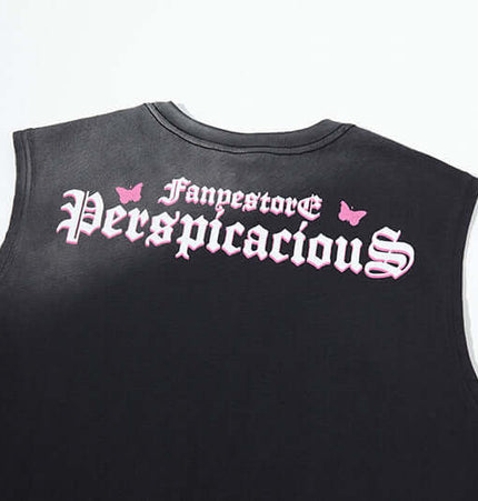 Butterfly Print Tank Top - Loose Fit featuring unique design on the back with edgy lettering.