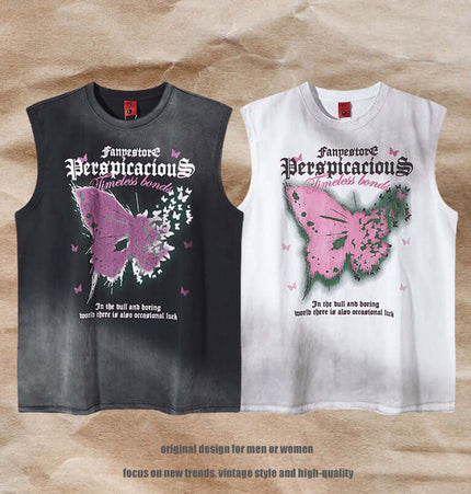 Butterfly Print Tank Top - Loose Fit in black and white with vintage butterfly design for summer streetwear style.