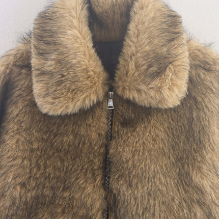 Camel Shearling Zipper Jacket – Regular Fit featuring a classic flip collar and soft shearling texture.