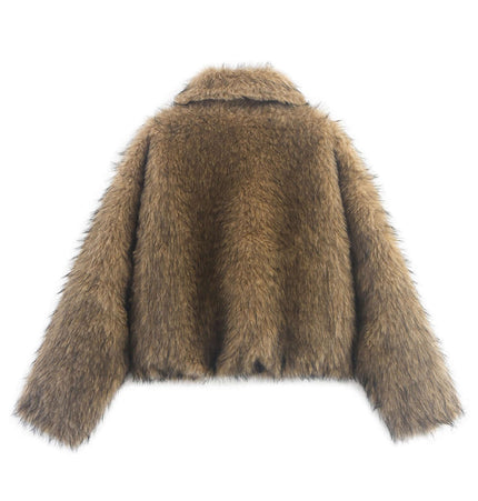 Camel Shearling Zipper Jacket – Regular Fit, back view showcasing cozy shearling texture and elegant design.