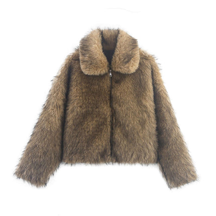Camel Shearling Zipper Jacket – Regular Fit featuring a cozy design and classic flip collar.