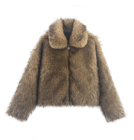 Camel Shearling Zipper Jacket – Regular Fit featuring a cozy design and classic flip collar.
