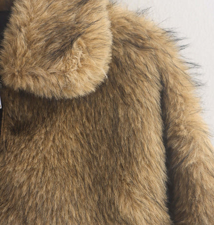 Camel Shearling Zipper Jacket – Regular Fit with cozy fur texture and classic flip collar.