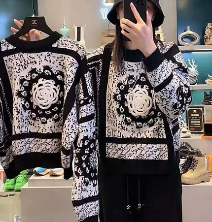 Camellia Jacquard Beaded Knit Sweater displayed on model wearing matching outfit in urban setting.