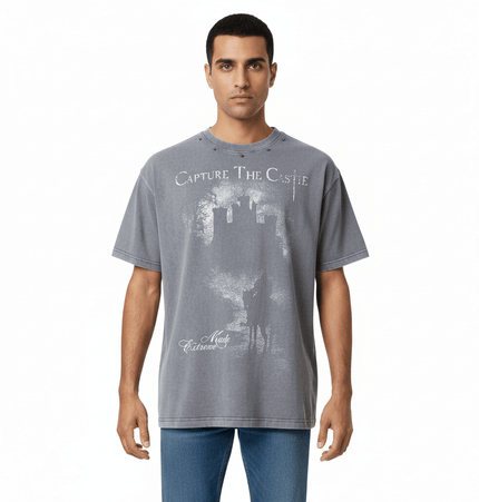 Printed Short Sleeve TShirt – Loose Fit in gray with 'Capture The Castle' graphic design.