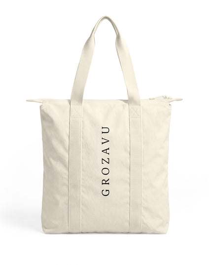 Grozavu Orbit Hare Zip Tote in ivory with the GROZAVU wordmark on the back