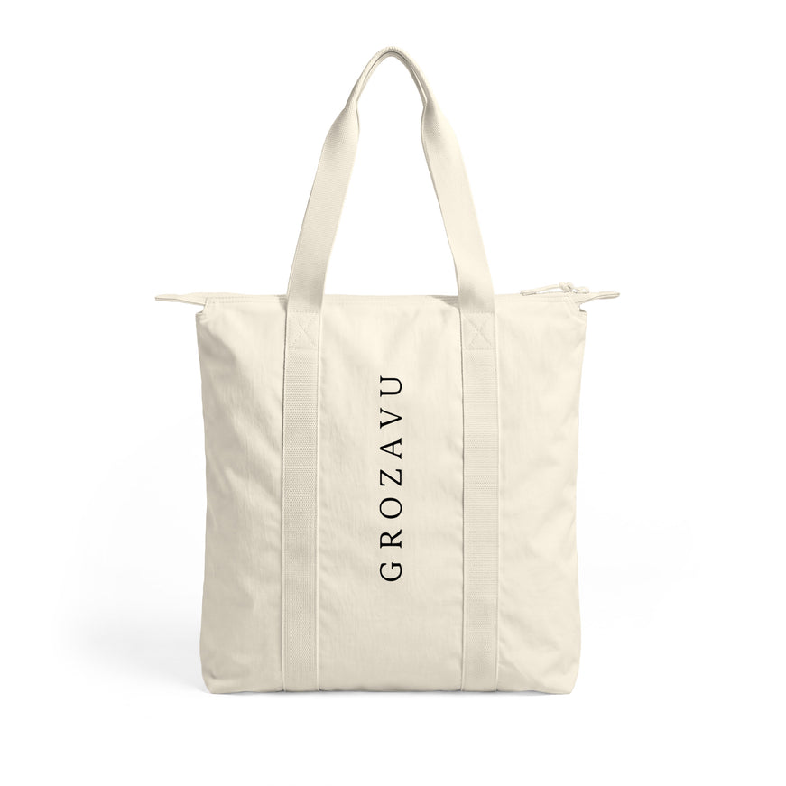 Grozavu Orbit Hare Zip Tote in ivory with the GROZAVU wordmark on the back