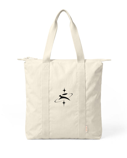 Grozavu Orbit Hare Zip Tote in ivory nylon with the hare and orbit print, front view