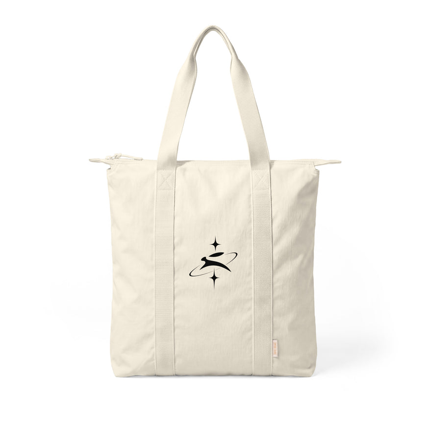 Grozavu Orbit Hare Zip Tote in ivory nylon with the hare and orbit print, front view