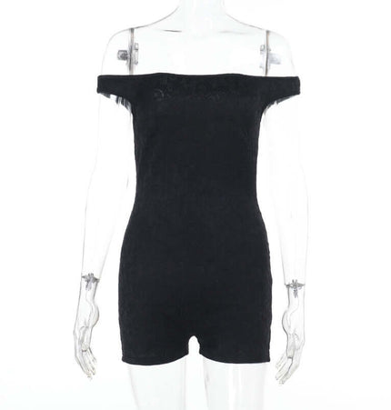 Casual Lace Shoulder Jumpsuit showcasing lace detailing and off-the-shoulder style for a chic summer look.