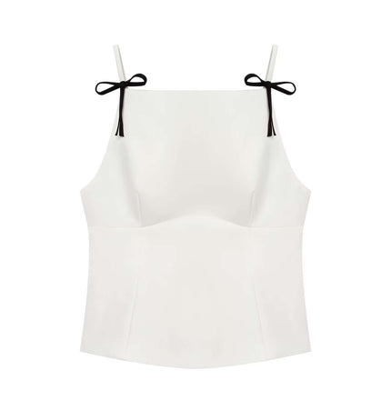 Casual Bow Detail Strap Top – Slim Fit in solid white with cute bow detail and double strap design.