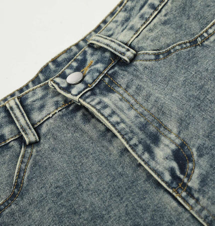 Casual Cartoon Embroidered Denim Pants close-up of waistband and distressed detailing