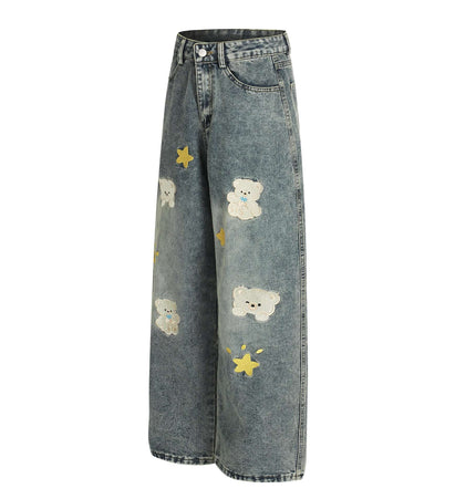 Casual Cartoon Embroidered Denim Pants featuring cute bear embroidery and star designs on distressed denim.