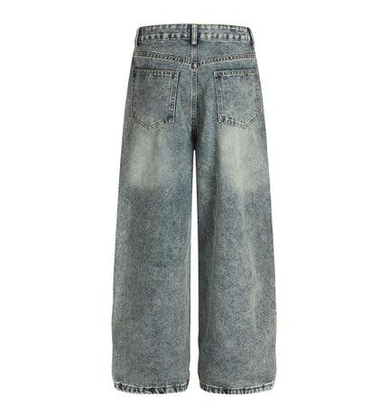 Casual Cartoon Embroidered Denim Pants - back view of distressed denim with a relaxed fit.