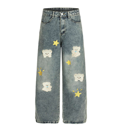 Casual Cartoon Embroidered Denim Pants with cute teddy bear and star embroidery in distressed style.