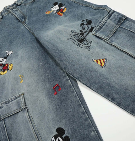 Casual Embroidered Denim Cropped Pants featuring colorful Mickey Mouse embroidery details.