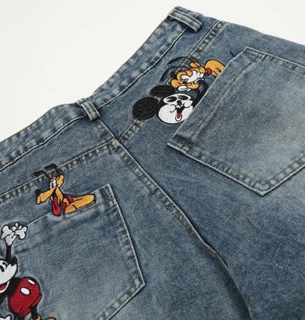 Casual Embroidered Denim Cropped Pants featuring Disney character embroidery on back pockets.