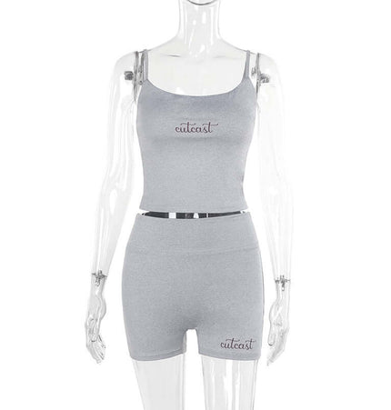 Casual Fit Square Neck Sleeveless Outfit displayed on mannequin in gray color with matching shorts.