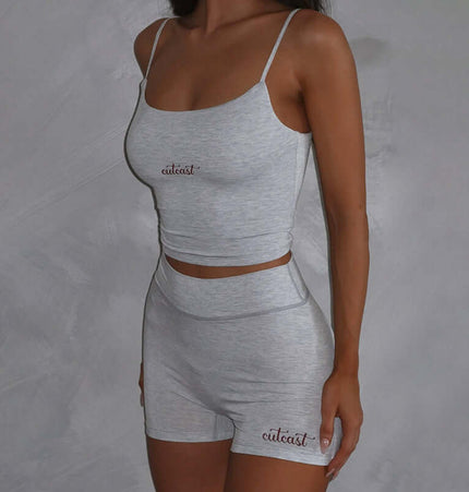 Casual Fit Square Neck Sleeveless Outfit featuring a chic gray sleeveless top and matching shorts set.