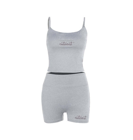 Casual Fit Square Neck Sleeveless Outfit in grey featuring a chic sleeveless top and matching shorts for summer comfort.