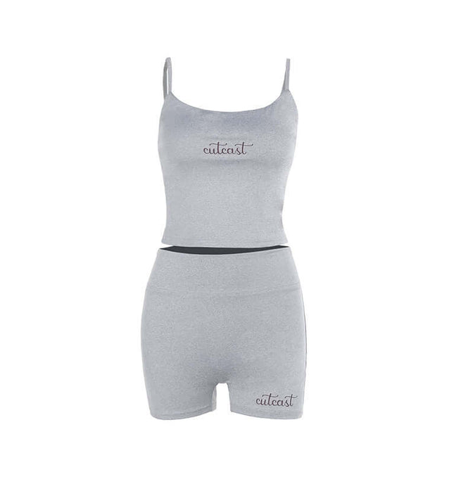 Casual Fit Square Neck Sleeveless Outfit in grey featuring a chic sleeveless top and matching shorts for summer comfort.