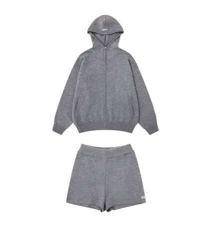 Casual Solid Color Tracksuit Set featuring a cozy zip-up hoodie and matching shorts in a stylish gray.