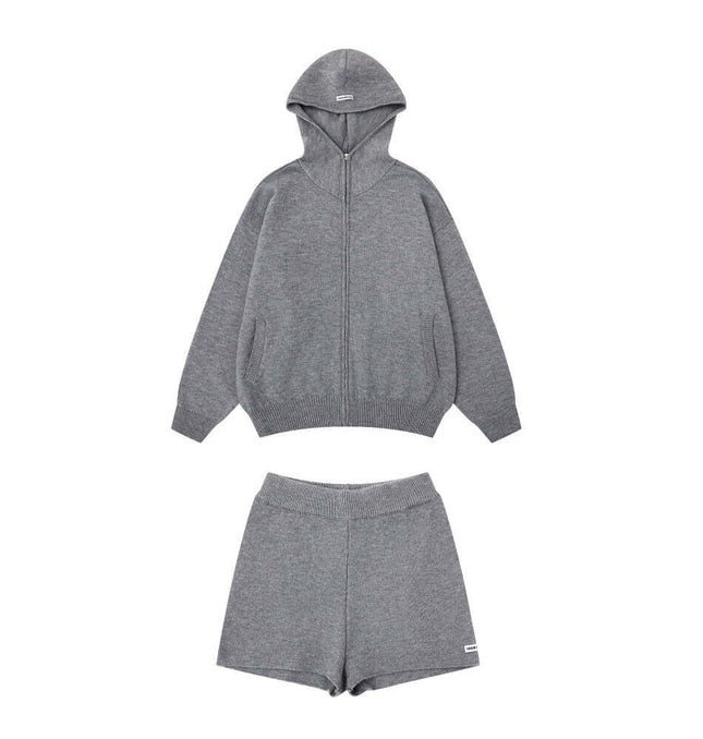 Casual Solid Color Tracksuit Set featuring a cozy zip-up hoodie and matching shorts in a stylish gray.