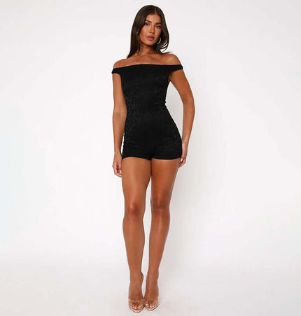 Casual Lace Shoulder Jumpsuit in black with off-the-shoulder design, perfect for a chic and casual look.