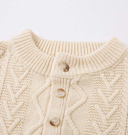 Loose Fit Knit Crewneck Sweater featuring a textured pattern and button details in a soft beige color.
