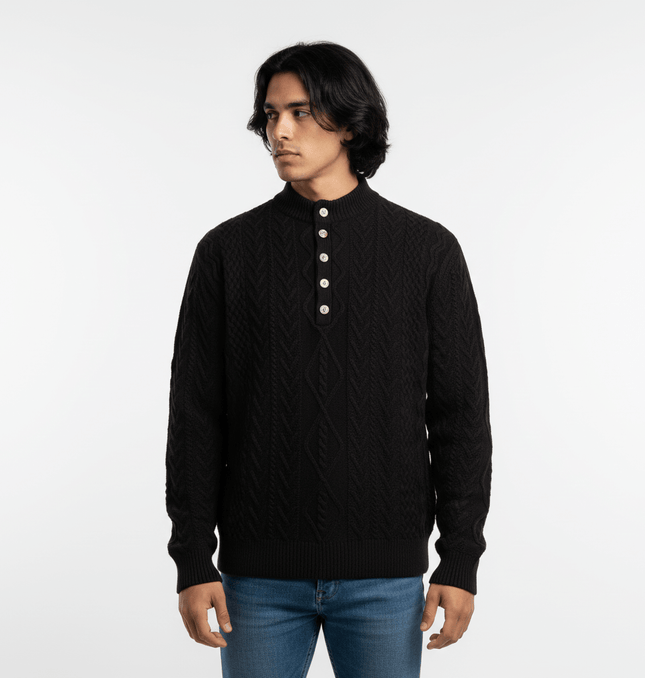 Loose Fit Knit Crewneck Sweater in black, featuring a textured design and button detail, worn by a model.