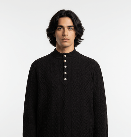 Loose Fit Knit Crewneck Sweater featured on a model wearing a black knit top with buttons.