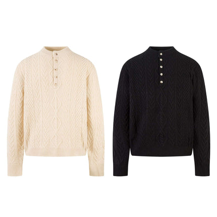 Loose Fit Knit Crewneck Sweater in cream and black, featuring a textured design and button-up collar.