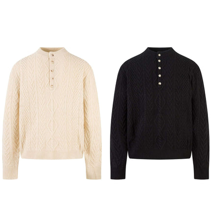 Loose Fit Knit Crewneck Sweater in cream and black, featuring a textured design and button-up collar.