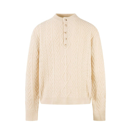 Loose Fit Knit Crewneck Sweater in cream color with textured pattern and button detail.