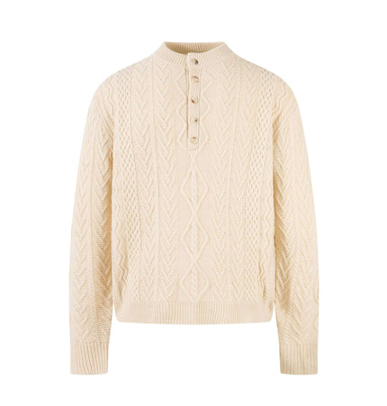 Loose Fit Knit Crewneck Sweater in cream color with textured pattern and button detail.