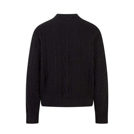Back view of a Loose Fit Knit Crewneck Sweater in black showcasing textured knit pattern.