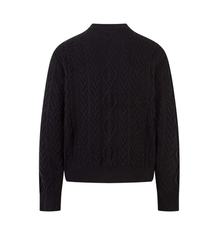 Back view of a Loose Fit Knit Crewneck Sweater in black showcasing textured knit pattern.
