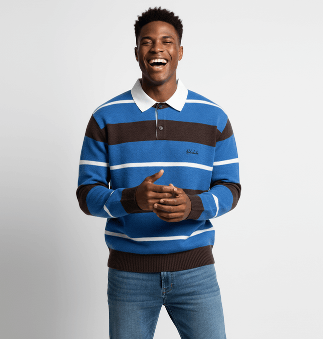 Casual Two-Piece Knitwear with Collar model wearing striped knit top with collar and smiling