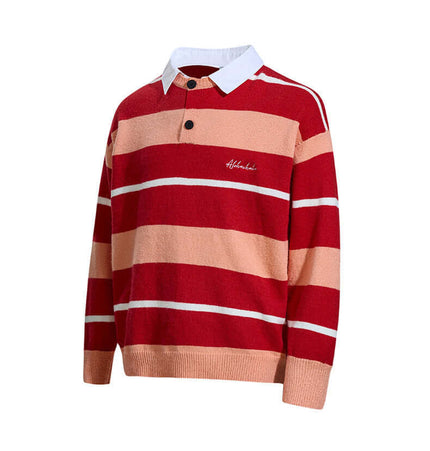 Casual Two-Piece Knitwear with Collar in red and peach stripes with shirt collar mock design.