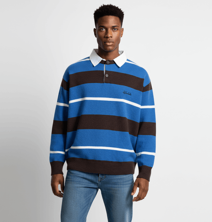 Casual Two-Piece Knitwear with Collar worn by model featuring a striped design and shirt collar.