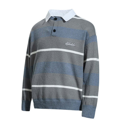 Casual Two-Piece Knitwear with Collar in gray and blue stripes featuring a shirt collar and button details.