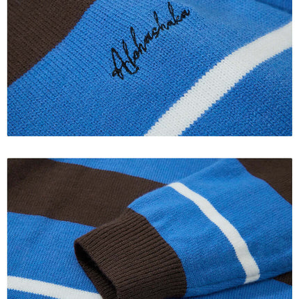 Casual Two-Piece Knitwear with Collar showcasing knitted blue and brown striped design featuring signature embroidery.