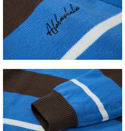 Casual Two-Piece Knitwear with Collar showcasing knitted blue and brown striped design featuring signature embroidery.