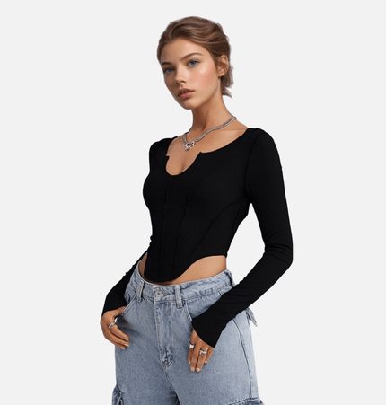 Casual UNeck Crop TShirt – Slim Fit in black, showcasing a U-shaped neckline and long sleeves.